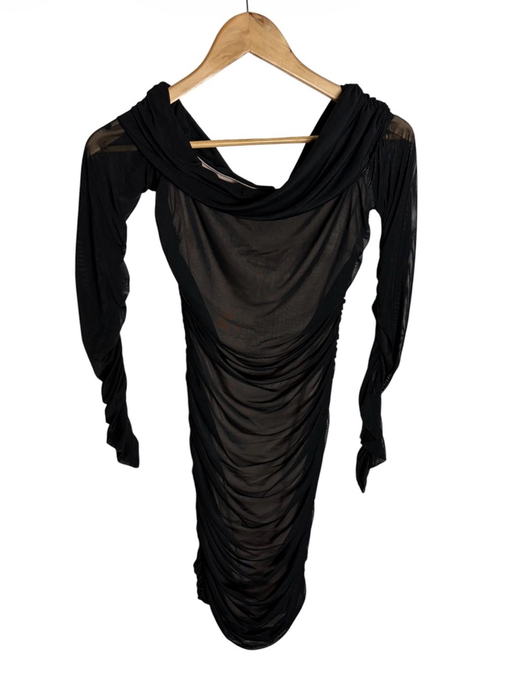 Black long sleeve mesh cowl neck ruched bodycon nude illusion mini dress size S